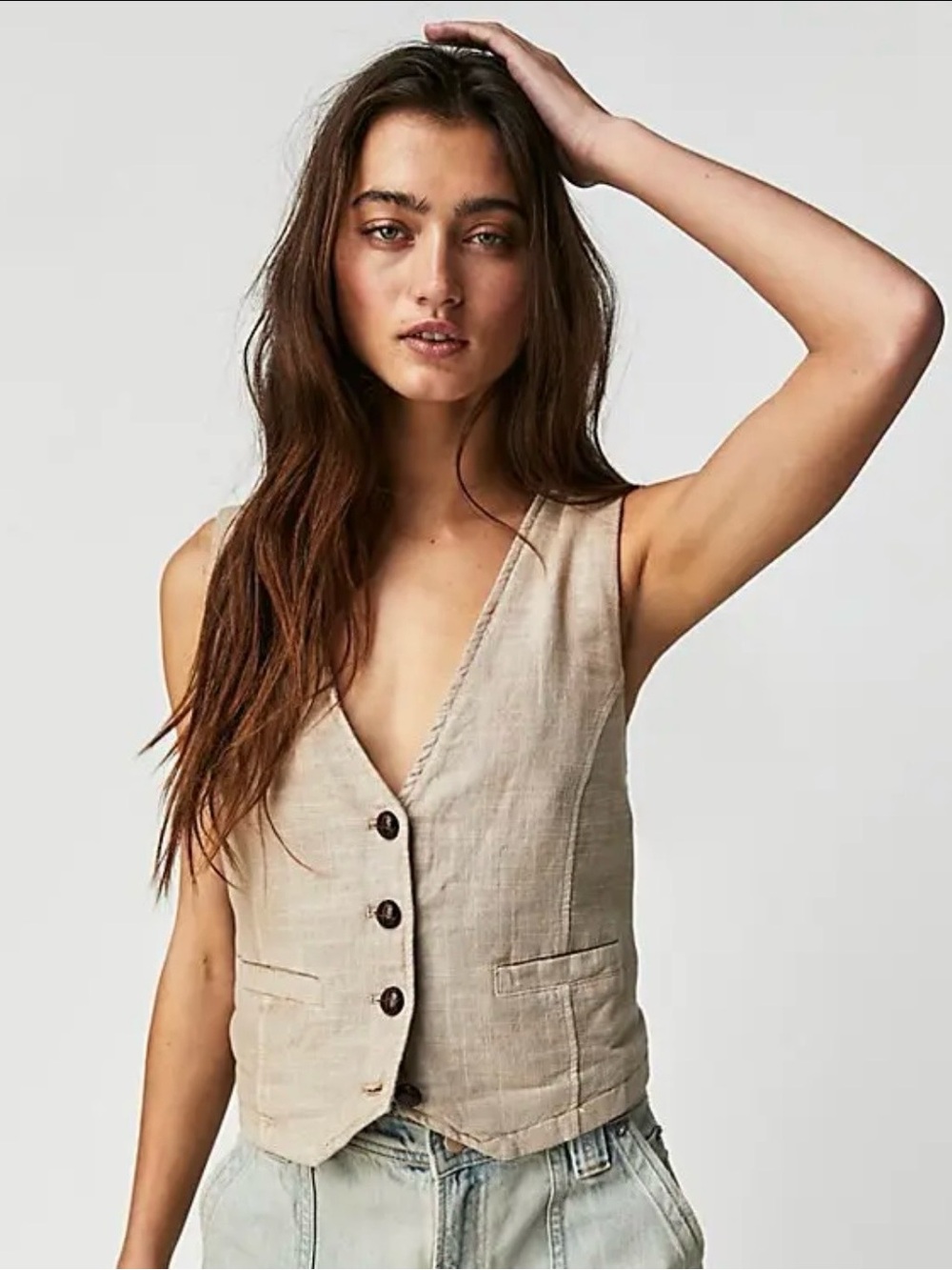 Free People We The Free Charley Linen Vest Style 80320757 Summer Khaki size S
